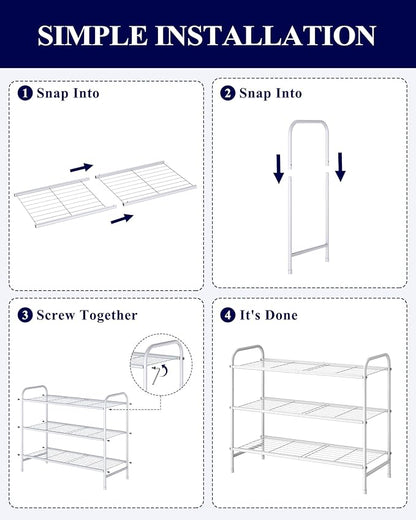 Kitsure Shoe Rack - Stainless Steel Shoe Organizer, Sturdy Shoe Rack for Closet and Front Door Entrance, Free Standing Shoe Shelf, Closet Organizers and Storage, 25.6" Wide - 3 Tier, White