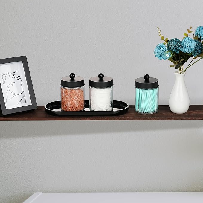 SheeChung 3-Pack Glass Apothecary Jars with Acrylic Vanity Tray - Bathroom Organizer Set for Qtip, Cotton Ball, Floss Picks - Modern Industrial Style Bathroom Accessories Storage Canister (Black)
