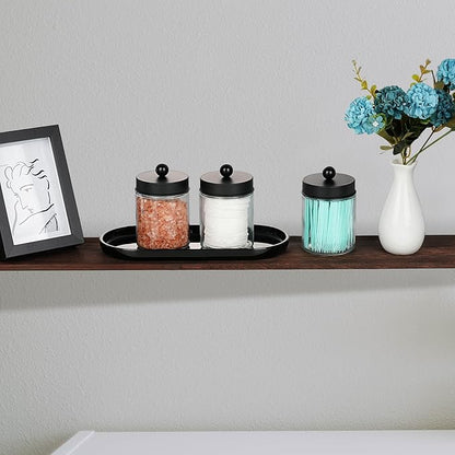SheeChung 3-Pack Glass Apothecary Jars with Acrylic Vanity Tray - Bathroom Organizer Set for Qtip, Cotton Ball, Floss Picks - Modern Industrial Style Bathroom Accessories Storage Canister (Black)
