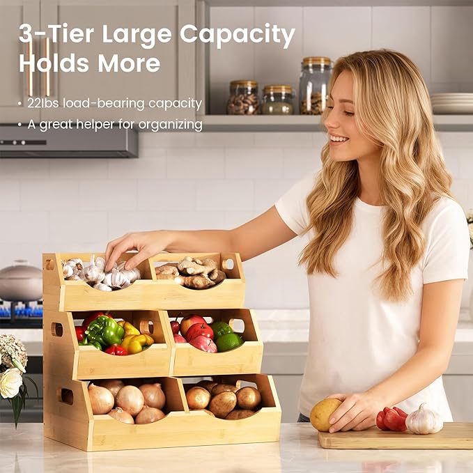Onion Storage Bins Potato, 3 Tier Bamboo Pantry Storage Bin Stackable Ventilated Kitchen Organizer for Pantry, Countertop, Bathroom, Space-Saving, Easy Access Handle Natural Brown(Assembly Required)