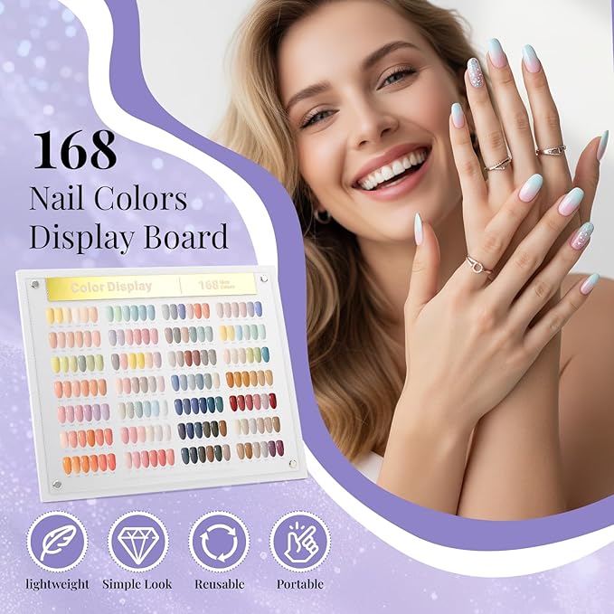 Segbeauty 168 Colors Acrylic Nail Art Display Board with Tweezer, Nail Display Polish Stand with False Fingernail Tips Double Sided Tape and Number Sticker, Showing Holder for Sample Display Practice