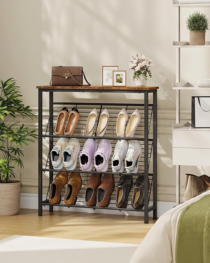 CHOEZON Shoe Rack, 4-Tier Narrow Shoe Storage Shelf, Slim Shoe Rack with Wooden Top and Metal Shelves, Slanted Shoe Organizer, Industrial Style, for Entryway, Hallway, Rustic Brown and Black TXJ76BF