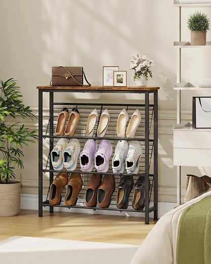 CHOEZON Shoe Rack, 4-Tier Narrow Shoe Storage Shelf, Slim Shoe Rack with Wooden Top and Metal Shelves, Slanted Shoe Organizer, Industrial Style, for Entryway, Hallway, Rustic Brown and Black TXJ76BF