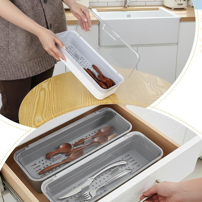 2 PCS Flatware Tray with Lid and Drainer Large capacity Kitchen Drawer Organizer Silverware Tray Dinnerware Holder Utensil Holder Utensil Storage Container for Countertop Cutlery
