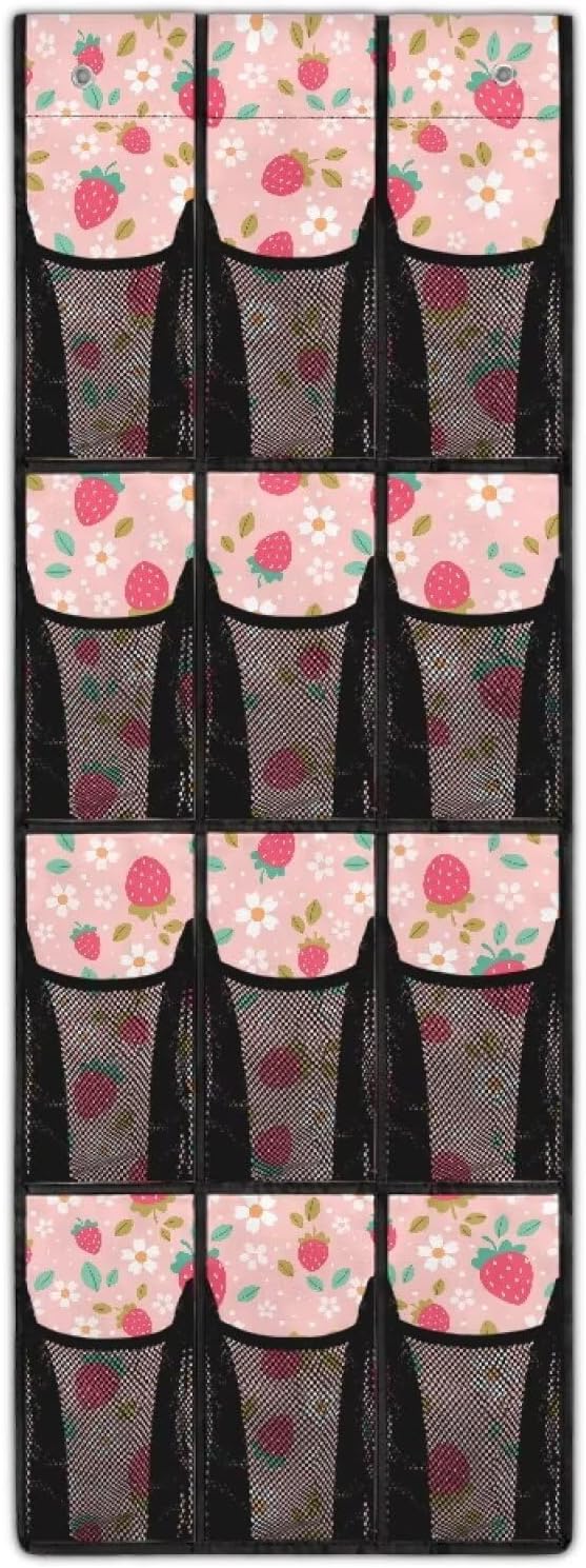 Strawberry Daisy Over The Door Shoe Organizer,12 Compartment Breathable Mesh Pocket Over the Door Hanging Shoe Organizer,Closet Shoe Organizer,Large Men's and Women's Shoe Organizer