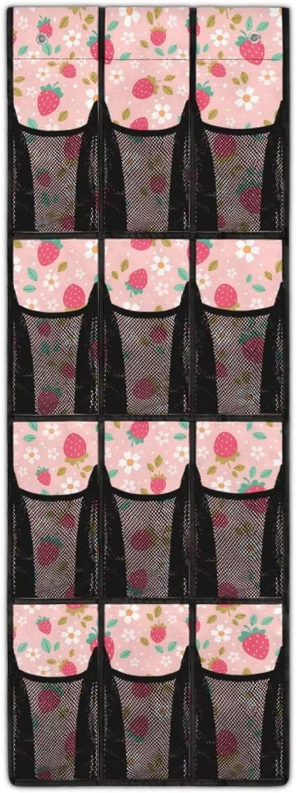 Strawberry Daisy Over The Door Shoe Organizer,12 Compartment Breathable Mesh Pocket Over the Door Hanging Shoe Organizer,Closet Shoe Organizer,Large Men's and Women's Shoe Organizer