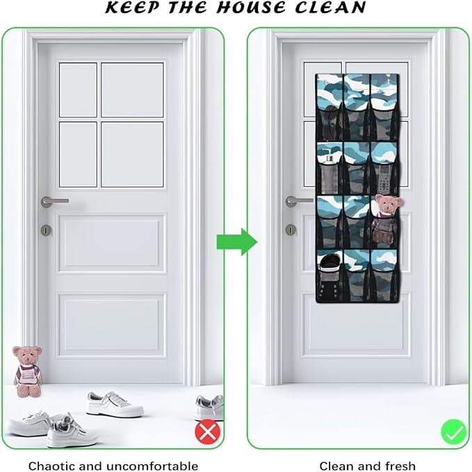 Generic Blue Camouflage Bed Organizer Hanging Pocket Strong Door Storage Organizer Heavy Duty Over Door Storage Organizer with Waterproof Pockets for Dormitory Kitchen