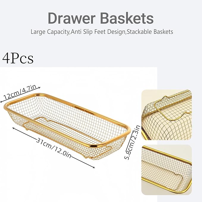 4-Pack Gold Flatware Organizer - Sturdy Mesh Design, Dishwasher-Safe & Easy-Clean Utensil Holder, Silverware Container Drawer Storage