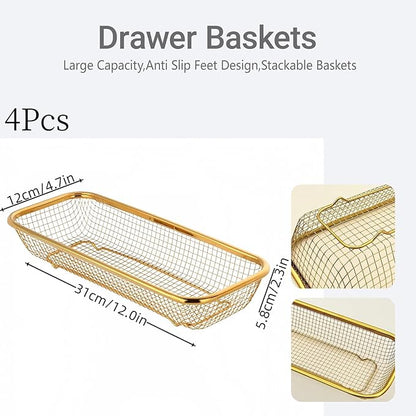 4-Pack Gold Flatware Organizer - Sturdy Mesh Design, Dishwasher-Safe & Easy-Clean Utensil Holder, Silverware Container Drawer Storage