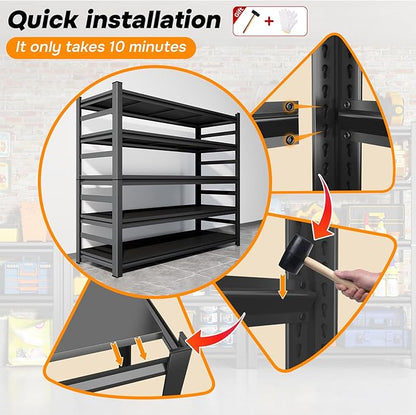 48"W*24"D Metal Garage Shelving, 5-Tier Heavy Duty Storage Shelves with Side Fences, Easy to Assemble, Adjustable, Steel Utility Shelf Rack for Warehouse, Pantry, Closet, Black, 73 Inches High