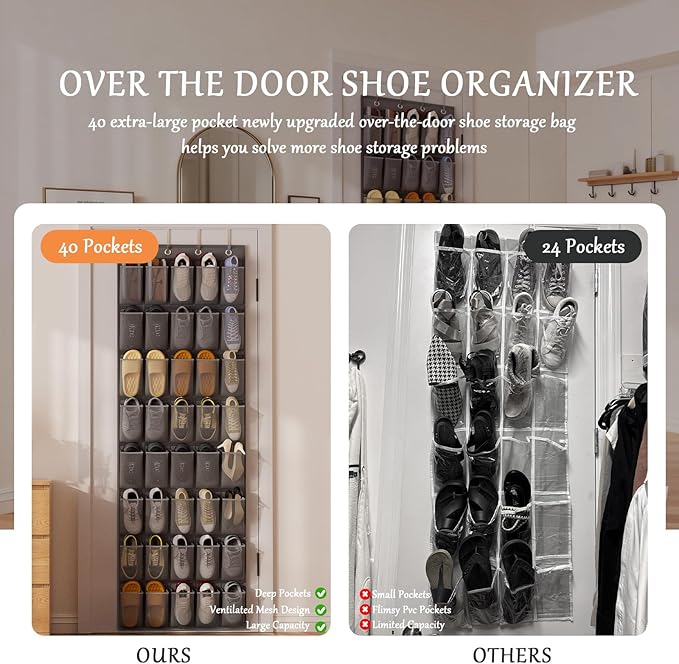 homyfort Over the Door Shoe Organizer, 40 Large Breathable Mesh Pocket,Space Saving Hanging Shoe Rack,Shoe Storage Holder for Entryway Bedroom Closet