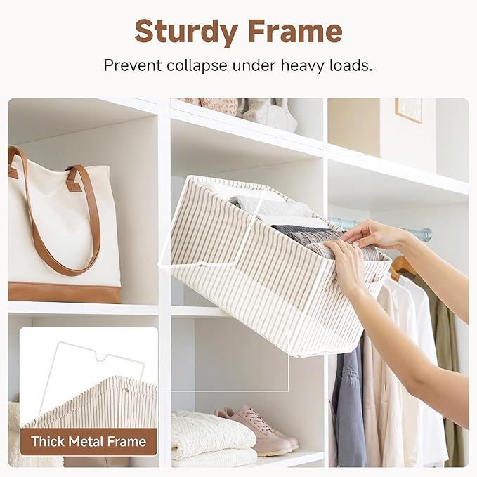 StorageWorks Narrow Storage Bins, Small Basket for Closet and Shelves, Rectangular Fabric Organizer with Handles, Toilet Paper Storage, Khaki and Beige Stripes, 2-Pack