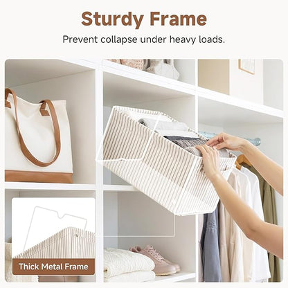 StorageWorks Narrow Storage Bins, Small Basket for Closet and Shelves, Rectangular Fabric Organizer with Handles, Toilet Paper Storage, Khaki and Beige Stripes, 2-Pack