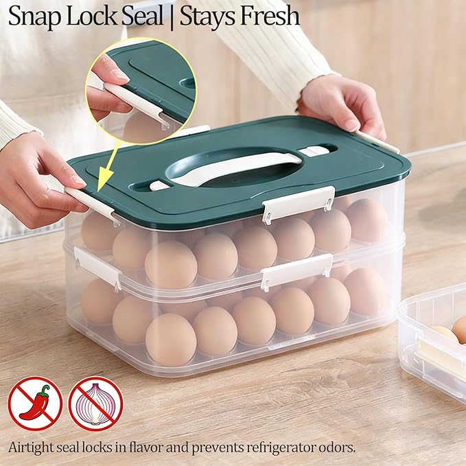 VitalYang Deviled Egg Container with Lid, Double Layer Egg Container, 36 Count Deviled Egg Tray- Secure Lock & Handle, Stackable, Leak-Proof Design for Parties & Catering, Green