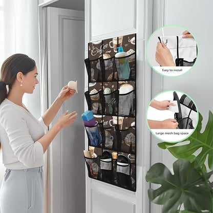 Versatile 12-Pocket Behind The Door Hanging Organizer, Made of Oxford Cloth, Waterproof Foldable and Perfect for Bathroom Bedroom Closet Storage, Coffee Print
