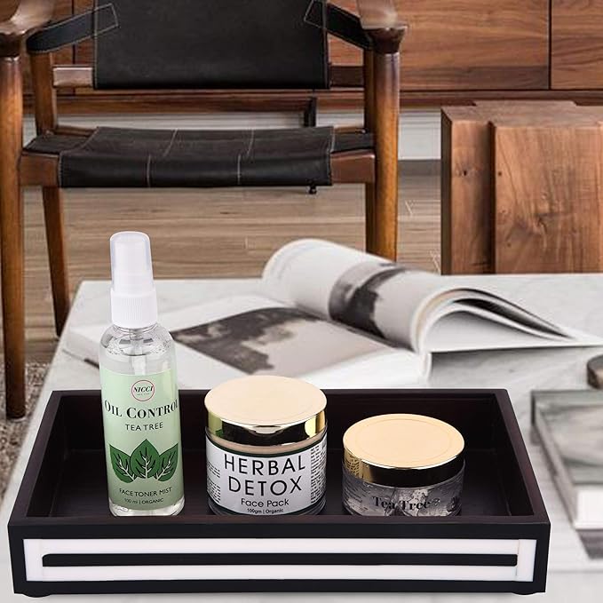 Handicrafts Home Black & White Bathroon Tray, Resin Inlay, Concentric Decorative Vanity Tray for Perfume & Cosmetics, Guest Towel Holder, Serving Tray for Bathroom & Kitchen Counter Organizer- 10x6