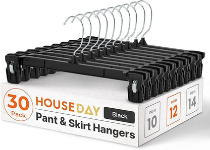 HOUSE DAY 30 Pack Pants Hangers - 12 Inch Plastic Hangers with Non Slip Clips for Skirts, Jeans, Shorts, Trousers - Space Saving Clip Hangers with 360-Degree Rotating Hook