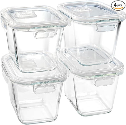 Glass Soup Containers with Lids 32 oz, 4 Cup Borosilicate Glass Food Storage Containers, Microwave & Freezer Safe Jars, Small Square Meal Prep Bowl for Salad, Fruit, Lunch, Ice Cream, Travel, 4 Pack