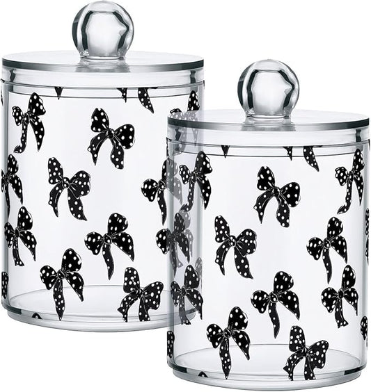 ALAZA 2pcs Black White Bow Polka Dots Qtip Holder Dispenser 14 oz Bathroom Storage Clear Apothecary Jars Containers Cotton Ball,Cotton Rounds,Floss Picks, Hair Clips, Food