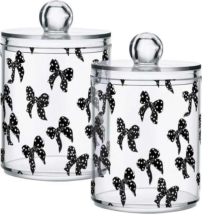 ALAZA 4pcs Black White Bow Polka Dots Qtip Holder Dispenser 14 oz Bathroom Storage Clear Apothecary Jars Containers Cotton Ball,Cotton Rounds,Floss Picks, Hair Clips, Food