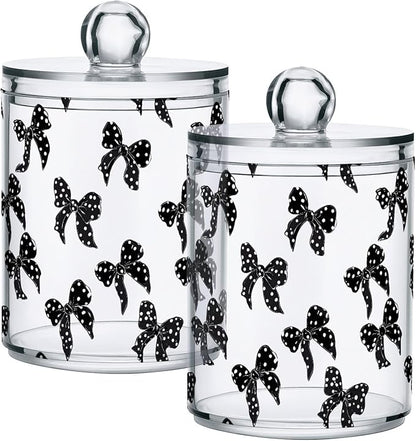 ALAZA 4pcs Black White Bow Polka Dots Qtip Holder Dispenser 14 oz Bathroom Storage Clear Apothecary Jars Containers Cotton Ball,Cotton Rounds,Floss Picks, Hair Clips, Food