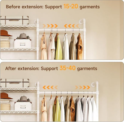 ONBRILL H2 Wall Mounted Clothing Rack, Expandable Industrial Pipe Clothes Rack Garment Racks for Hanging Clothes, Heavy Duty Closet Organizers and Storage in Closet System, White