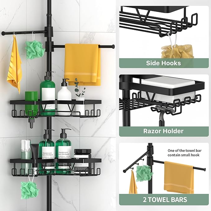 DAOYA Shower Caddy Tension Pole Corner with 4 Removable Baskets & 2 Towel Bar - Expandable Shower Caddy Corner Adjustable 25-114.2 Inches Upgraded Bath Organizer for Tub(Stainless Steel, Black)