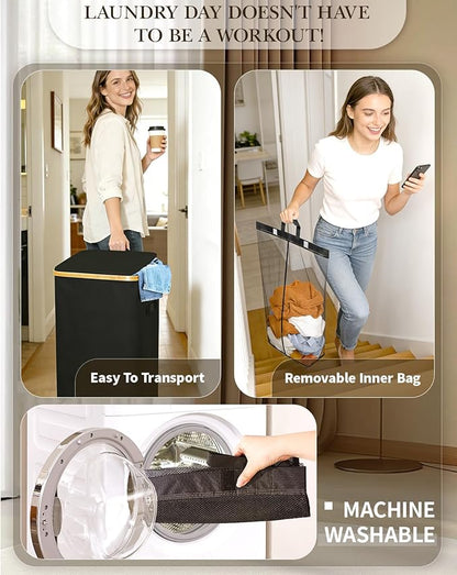 Laundry Hamper with Wheels, 110L Large Clothes Hamper with Removable Inner Bag, Collapsible Dirty Clothes Basket for Dorm, Rolling Dirty Clothes Basket for, Bedroom, Bathroom, Laundry Room