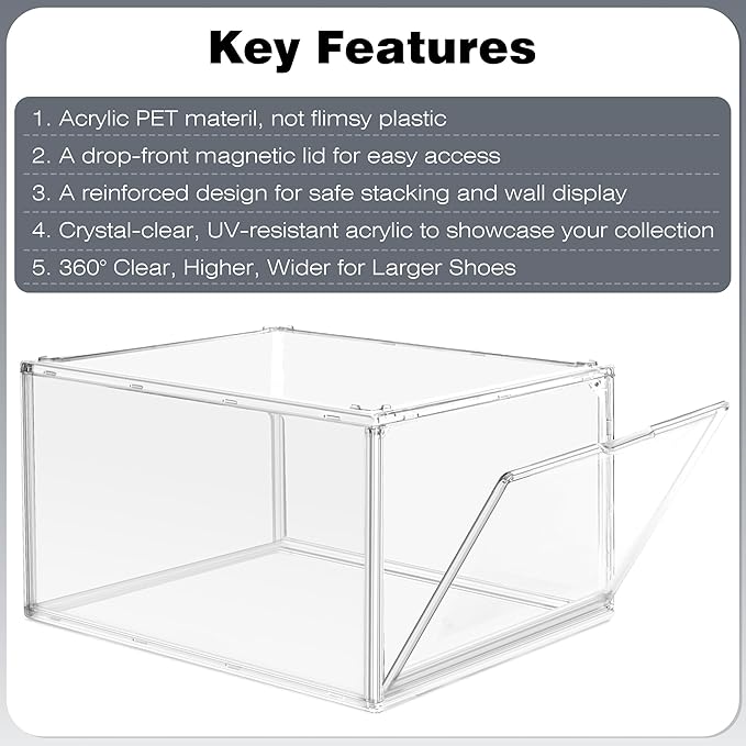 Clear Acrylic Shoe Boxes Organizer, Extra-Thick Reinforced Stackable Shoe Storage with Magnetic Door, Foldable Dust-Proof Display Cases for Closet & Entryway, Fits up to Men’s 12, Crystal Clear 1 Pack