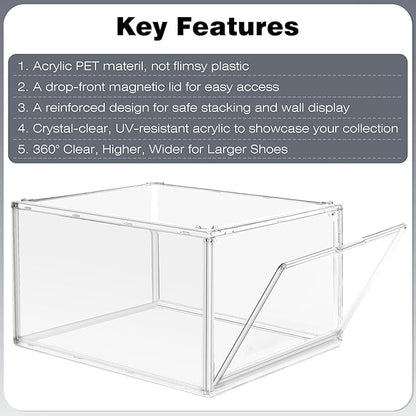 Clear Acrylic Shoe Boxes Organizer, Extra-Thick Reinforced Stackable Shoe Storage with Magnetic Door, Foldable Dust-Proof Display Cases for Closet & Entryway, Fits up to Men’s 12, Crystal Clear 1 Pack