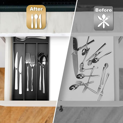 Silverware Organizer Small Bamboo Kitchen Drawer Organizer Utensil Organizer Silverware Holder Cutlery Organizer in drawer Flatware Organizer Tray (Black 4 Slots)