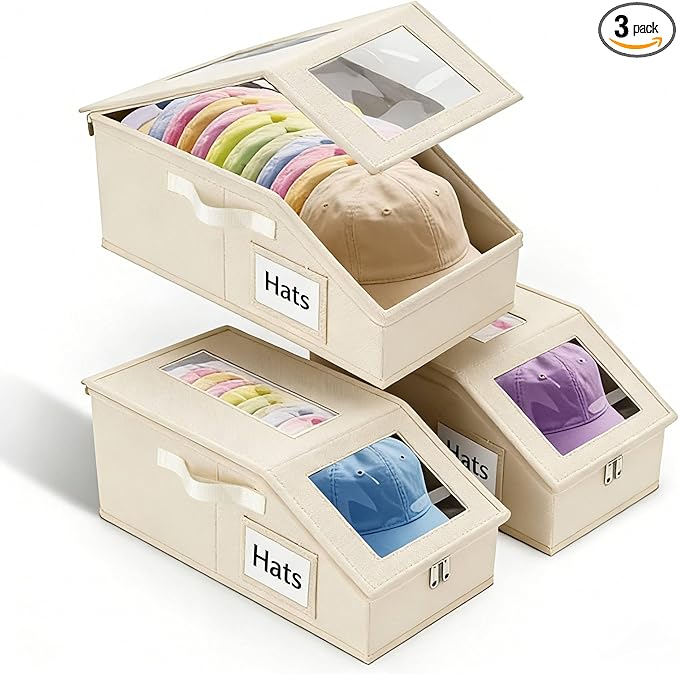 Stackable Hat Storage for Baseball Caps, 3 PCS Hat Storage Boxes for Closet, Holds up to 45 Caps with Cardboard, Hat Organizer for Women & Men (Two Clear Window) (Beige 3-Pack)