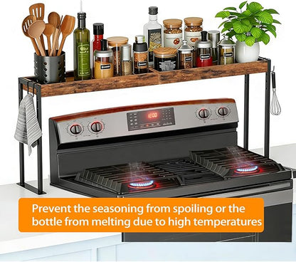 Spice Rack Shelf for Kitchen Stove, Over the Stove Shelf with 4 Level Adjustable Height, Over Stove Spice Rack with 4 Hooks, Rustic Brown + Black