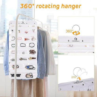Hanging Jewelry Organizer with 50 Transparent Pockets, 360° Rotating Hanger & Secure Zipper Closure - Foldable Double Sided Jewelry Storage Bag for Earrings, Rings, Necklaces, Bracelets (White)