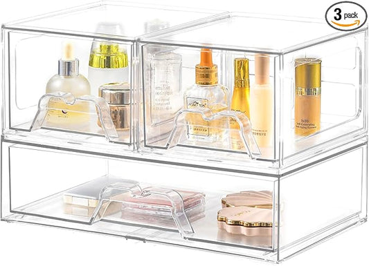 Stebopum 3 Pack Stackable Storage Drawers Clear Acrylic Organizer Makeup Bathroom Organizer and Storage for Beauty Supplies,Ideal for Vanity, Cabinet,Bathroom,Pantry Organization