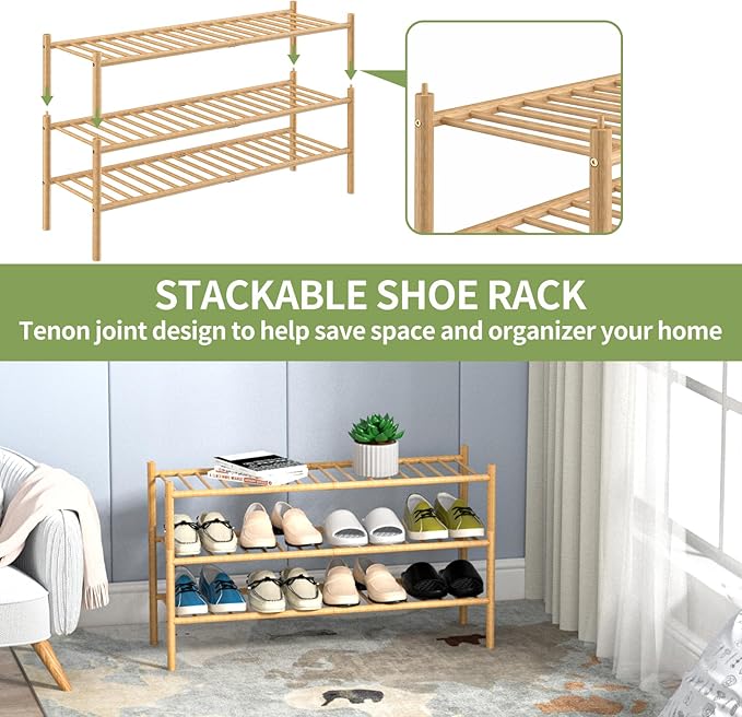 ROMGUAR CRAFT 3-Tier Bamboo Long Shoe Rack, Free Standing Wood Shoe Shelf Storage Organizer for Closet Entryway Stackable 35"x11"x20" (Natural)