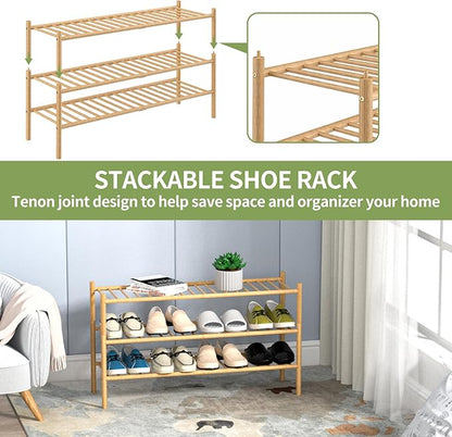 ROMGUAR CRAFT 3-Tier Bamboo Long Shoe Rack, Free Standing Wood Shoe Shelf Storage Organizer for Closet Entryway Stackable 35"x11"x20" (Natural)