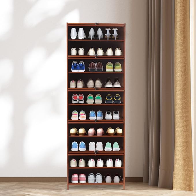 10 Tiers 20-Pair Shoe Storage Cabinet Tall Bamboo Hidden Shoe Storage Free Standing Shoe Rack with Concealed Sliding Doors for Living Room Entrance and Bedroom