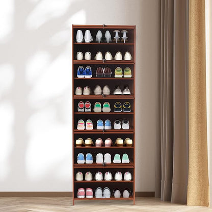 10 Tiers 20-Pair Shoe Storage Cabinet Tall Bamboo Hidden Shoe Storage Free Standing Shoe Rack with Concealed Sliding Doors for Living Room Entrance and Bedroom