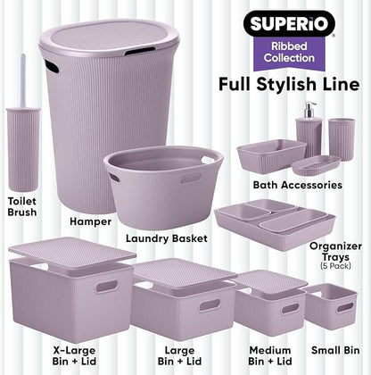 Decorative Plastic Basket Lidded Home Storage Bins Organizer, Medium Lilac Purple (1 Pack - 5 Liter) Stackable Container Box, for Organizing Closet Storage Bins for Shelves - Ribbed Collection