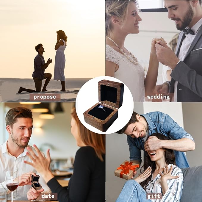 Wooden Ring Box, Personalized Engagement Ring Box Wedding Day Square Ring Box Holder Single Slot Rustic Ring Storage Box (White)
