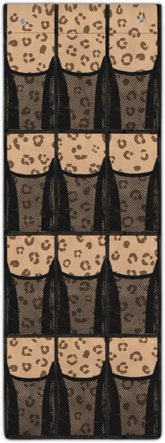 Leopard Print Over the Door Shoe Organizer 12 Large Mesh Pockets Shoe Rack for Closet Sturfy Oxford Fabric Hanging Shoe Organizer for Closet