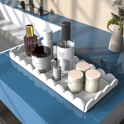 2 Pack Scalloped White Acrylic Bathroom Vanity Tray for Counter Clear Acrylic Trays for Organizing Perfume Sponge Soap Makeup Storage Holder Toilet Tray ( White ,Large: 11"L x 5"W + Middle: 8"L x 4"W)