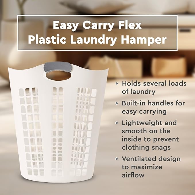 Gracious Living Easy Carry Flex Hamper, Large 87.5 Liter Lightweight Plastic Ventilated Laundry Basket Clothes Bin with Handles, White (4 Pack)