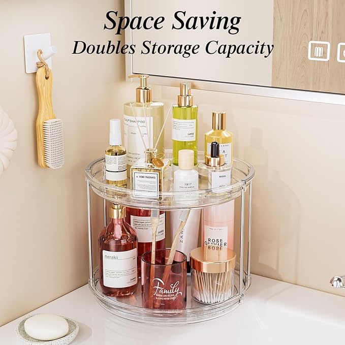 LAMU Rotating Makeup Organizer for Vanity, 10.6in 2 Tier Lazy Susan Turntable Stackable Spinning Skincare Organizer Cosmetic Perfume Tray Display for Bathroom Counterop, Large Capacity, Clear