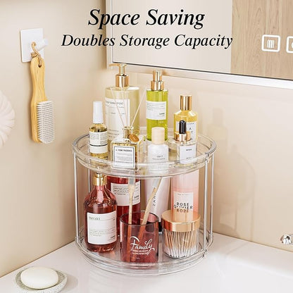 LAMU Rotating Makeup Organizer for Vanity, 10.6in 2 Tier Lazy Susan Turntable Stackable Spinning Skincare Organizer Cosmetic Perfume Tray Display for Bathroom Counterop, Large Capacity, Clear