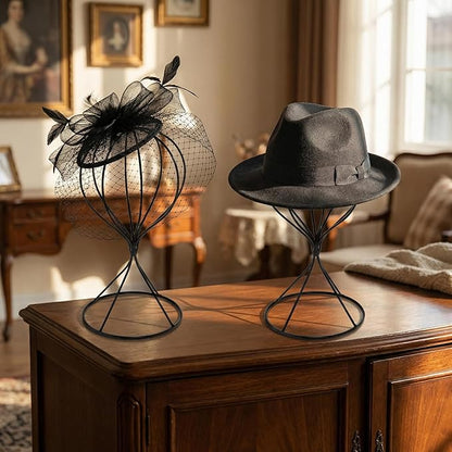 MyGift 2 Pcs Hat Holder Stand, Baseball Cap Organizer Storage, Wig Fedora Display Rack, Black Metal Wire