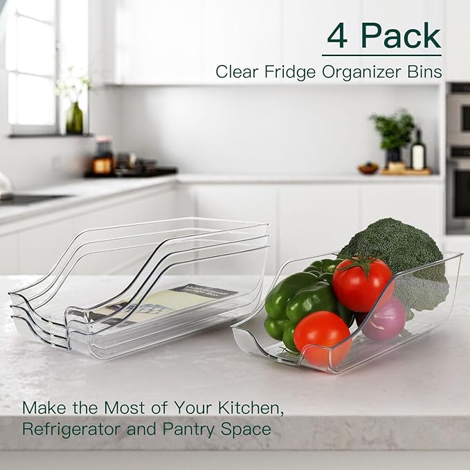 Refrigerator Organizer Bins Set of 4, Pantry Storage, Can Dispenser for Kitchen Cabinet or Counter-top, Fridge Beverage Holder, Clear
