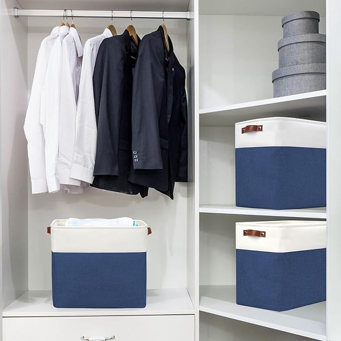 Bagnizer Large Fabric Storage Baskets | 50L Storage Bins, Decorative Linen Closet Baskets with Handles for Organizing, Shelf, Toys, Clothes, Home, Office, Nursery, 17x12x15Inches (Navyblue&White)