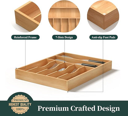 Silverware Organizer, Bamboo Kitchen Drawer Organizer, Utensil Holder, Cutlery Tray & Spoon Flatware Storage with Grooved Drawer Dividers (13''W x 17''D)